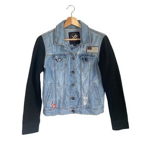 Young And Reckless Women's Patch Denim Fleece Jean Button Up Jacket Size M